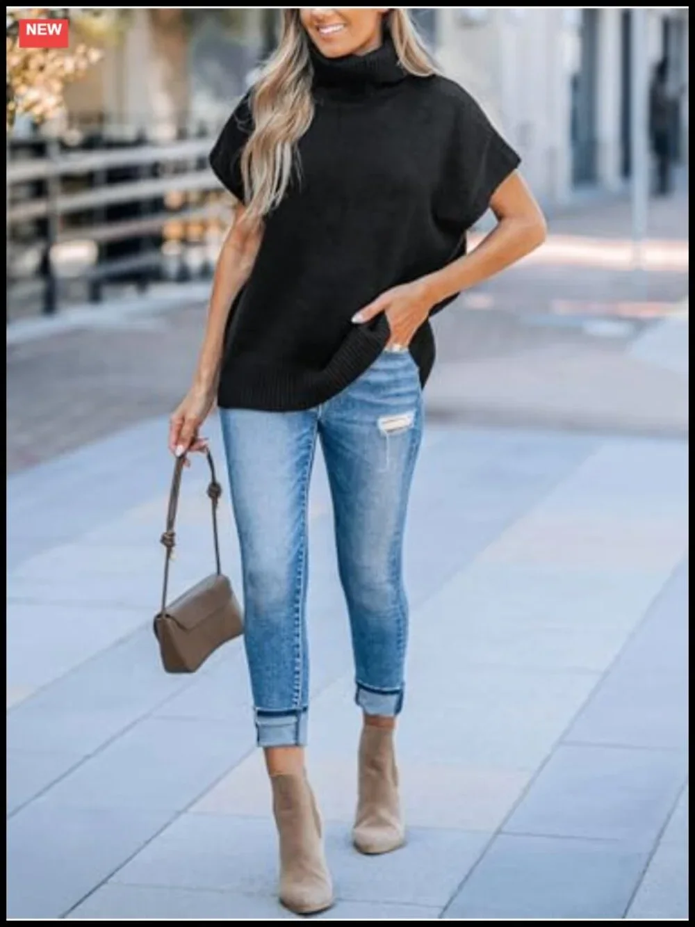 Women's Casual Fit Turtleneck Pullover Sweater Cap Sleeve Ribbed Hem Knit Top